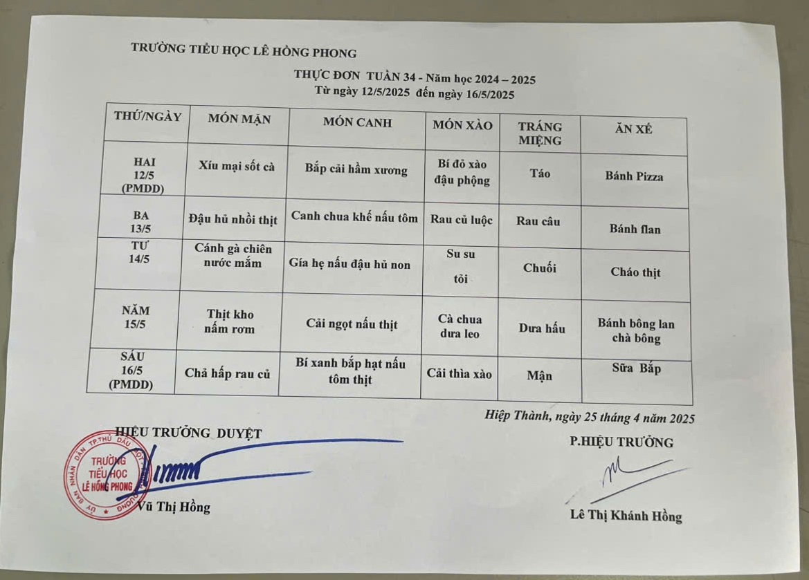 thực đơn Tuần 34
