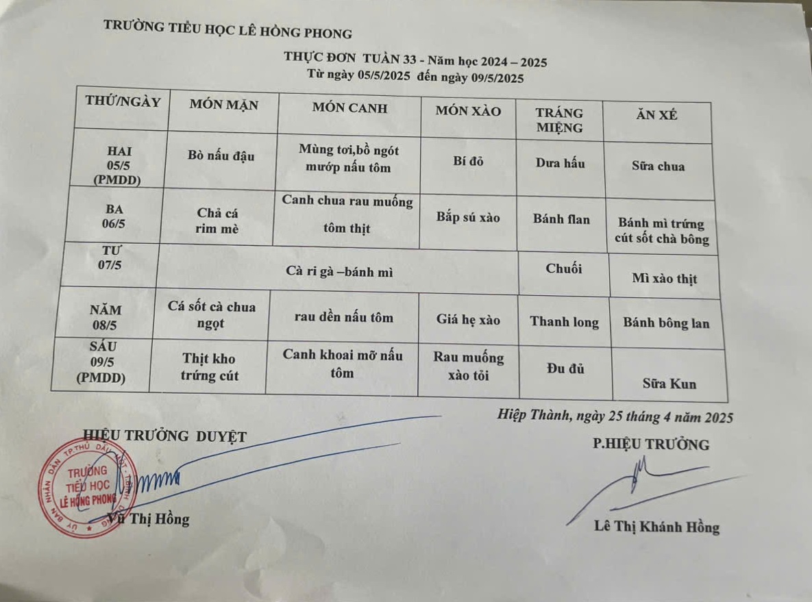 thực đơn Tuần 33