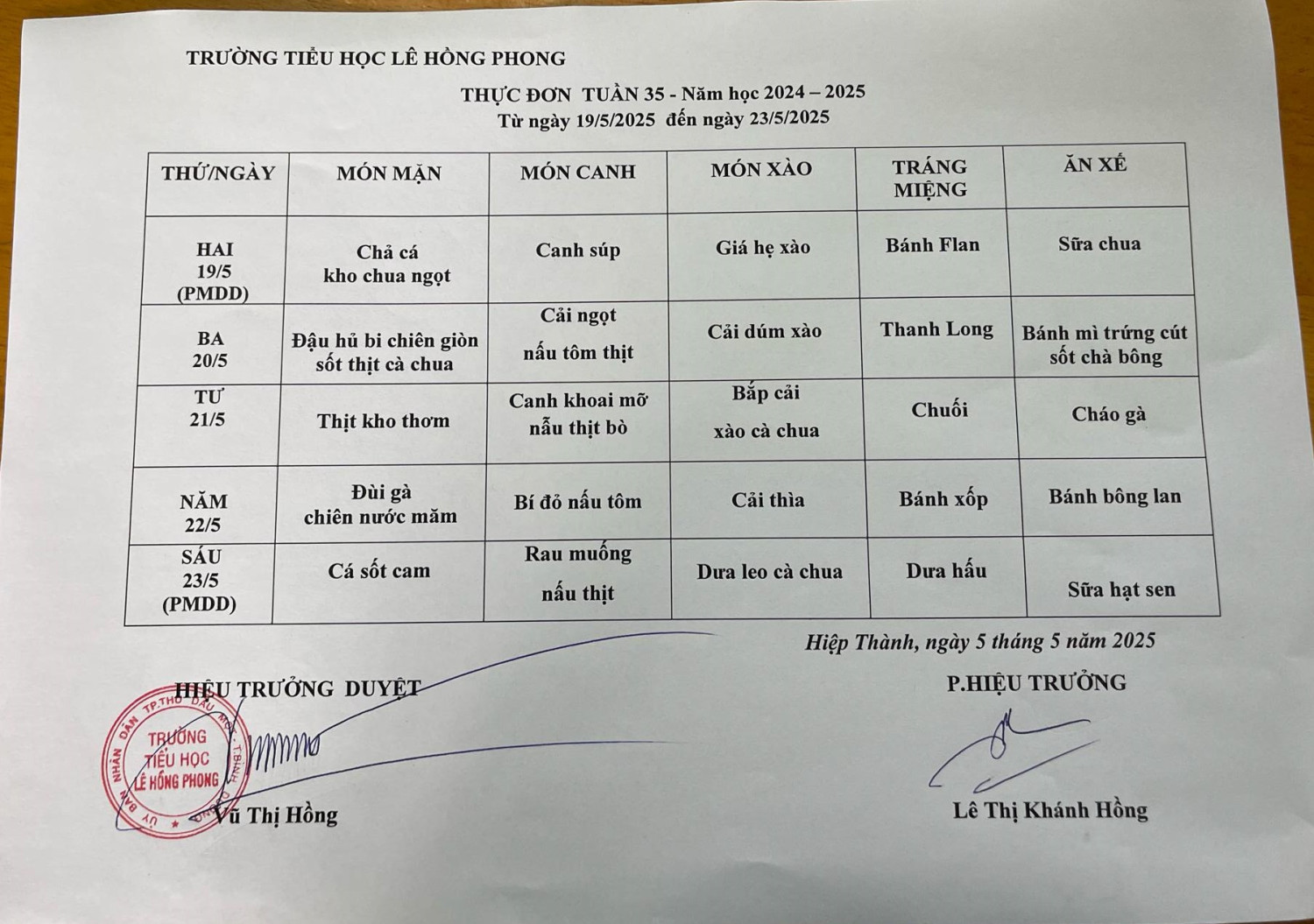 thực đơn tuần 35